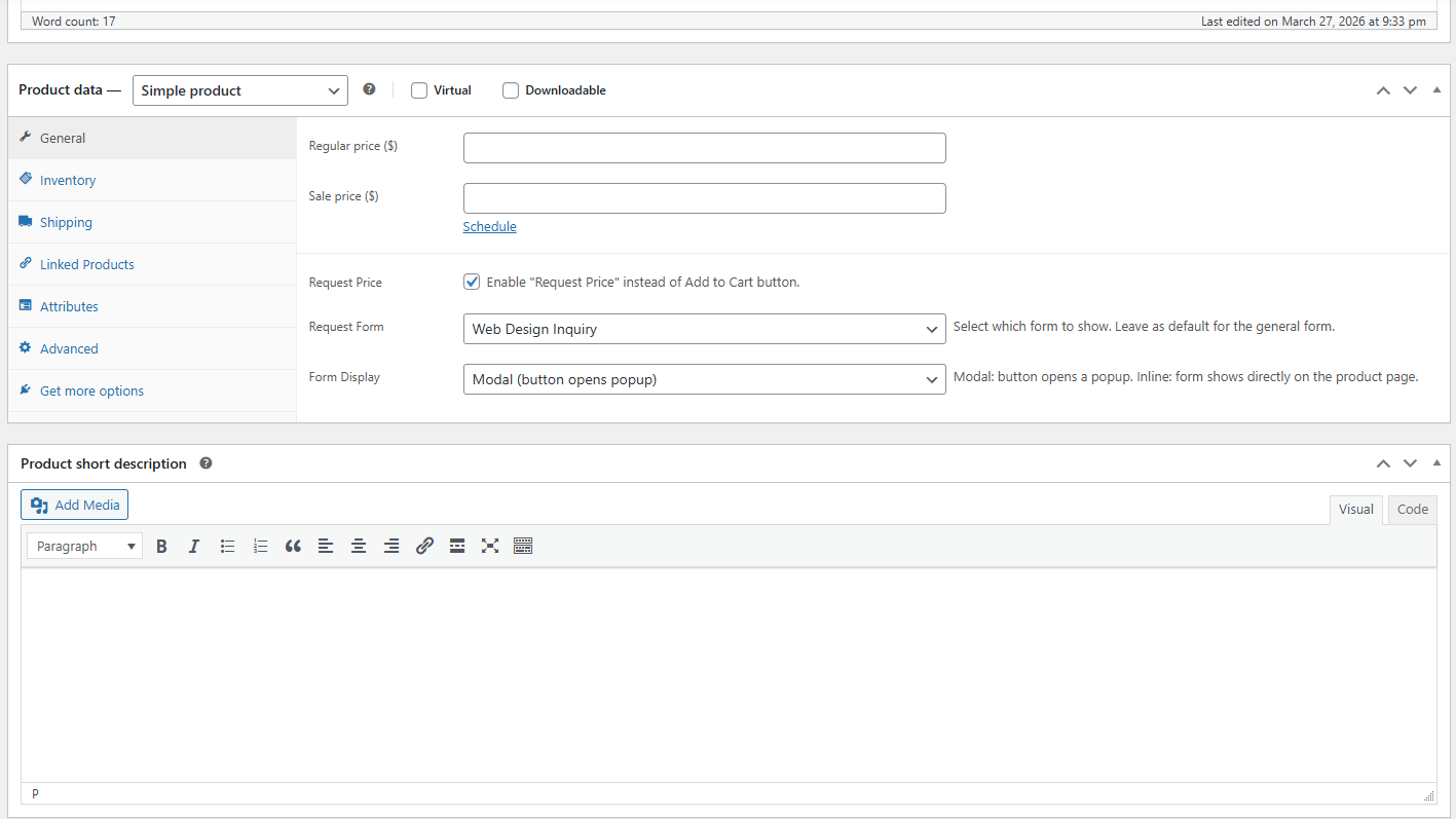 Product Settings - Enable Request Price